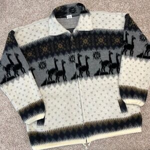 Yari Artesanias Full Zip‎ Wool Sweater Men Size XL Wrap Around Print Llama